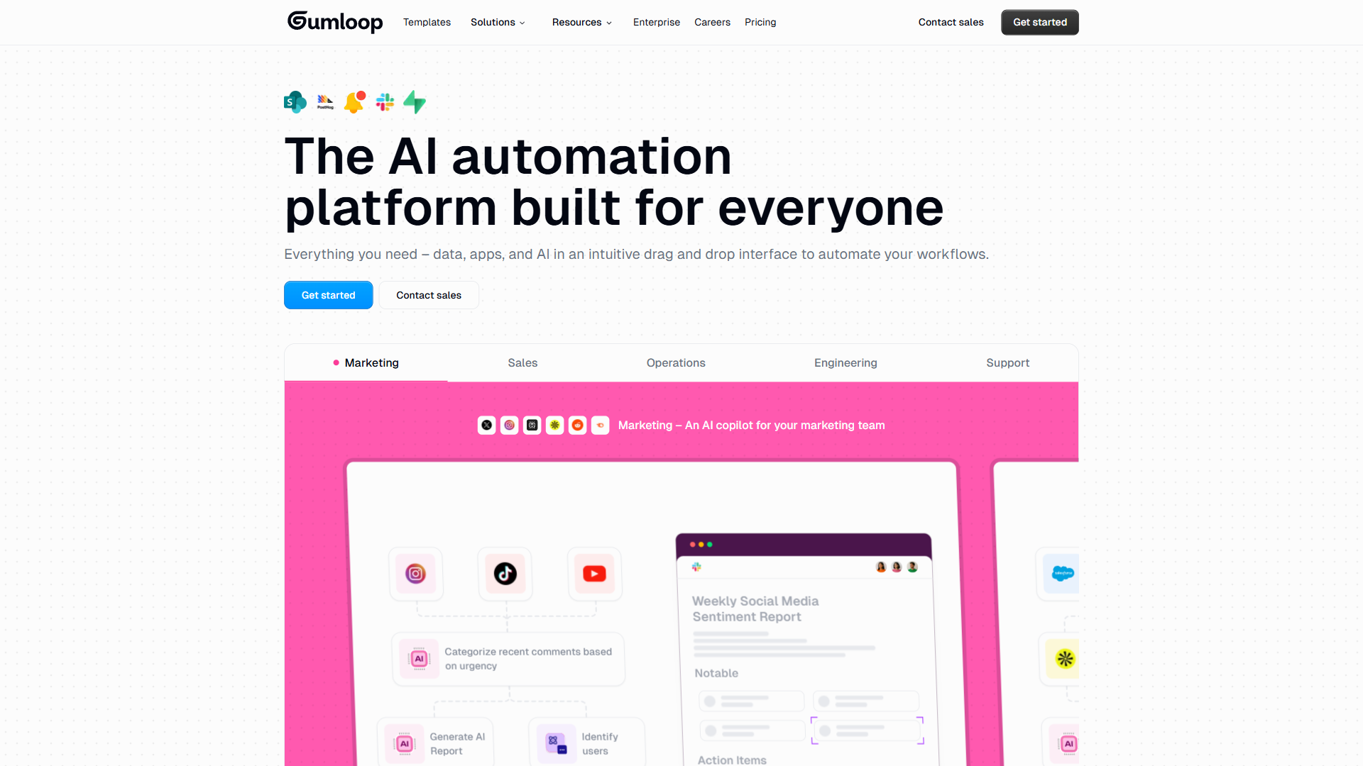 Gumloop homepage showing The AI automation platform built for everyone with drag-and-drop workflow builder preview across Marketing, Sales, Operations, Engineering, and Support