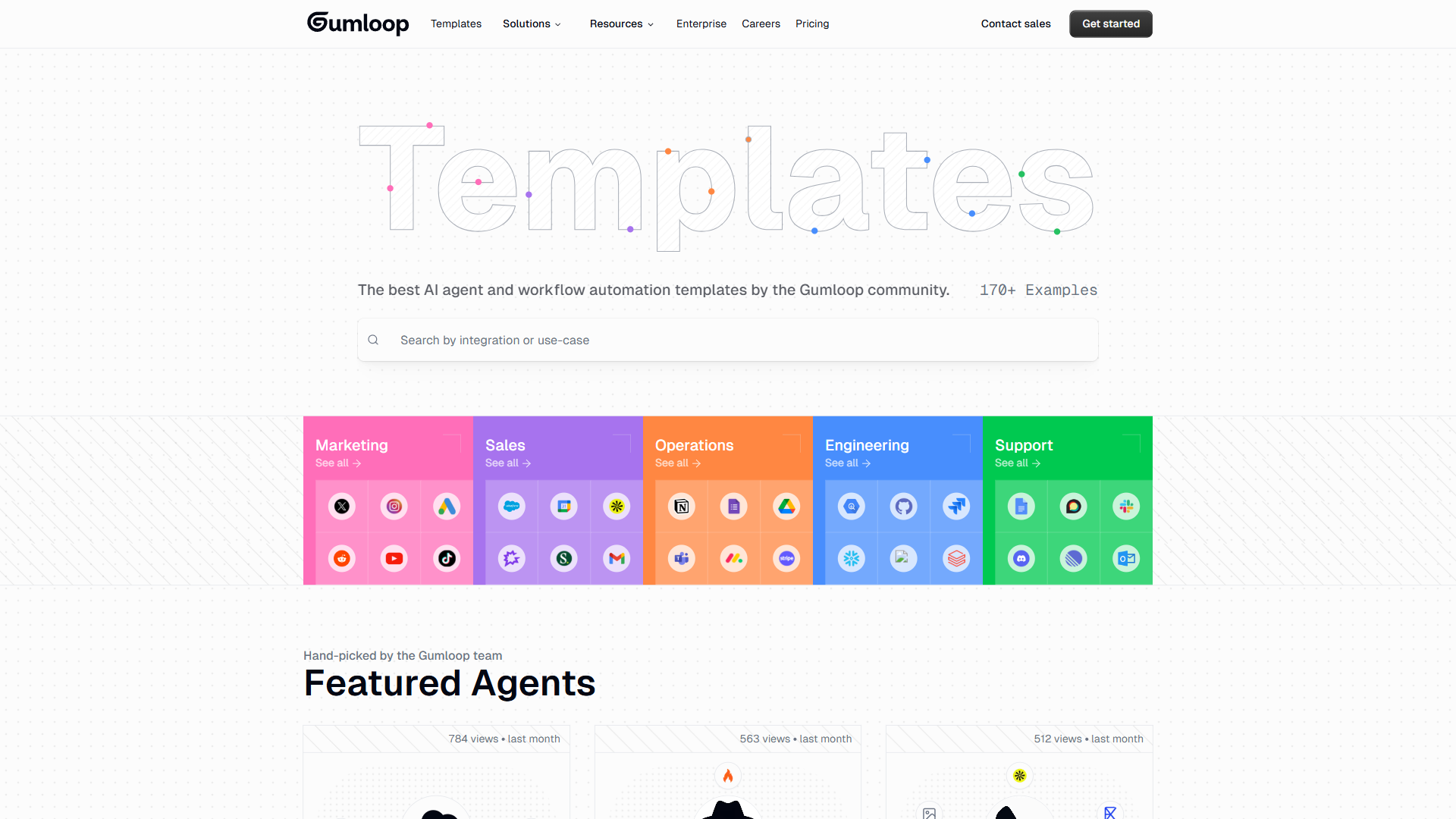 Gumloop community templates page showing 170+ AI agent and workflow automation examples across Marketing, Sales, Operations, Engineering, and Support categories