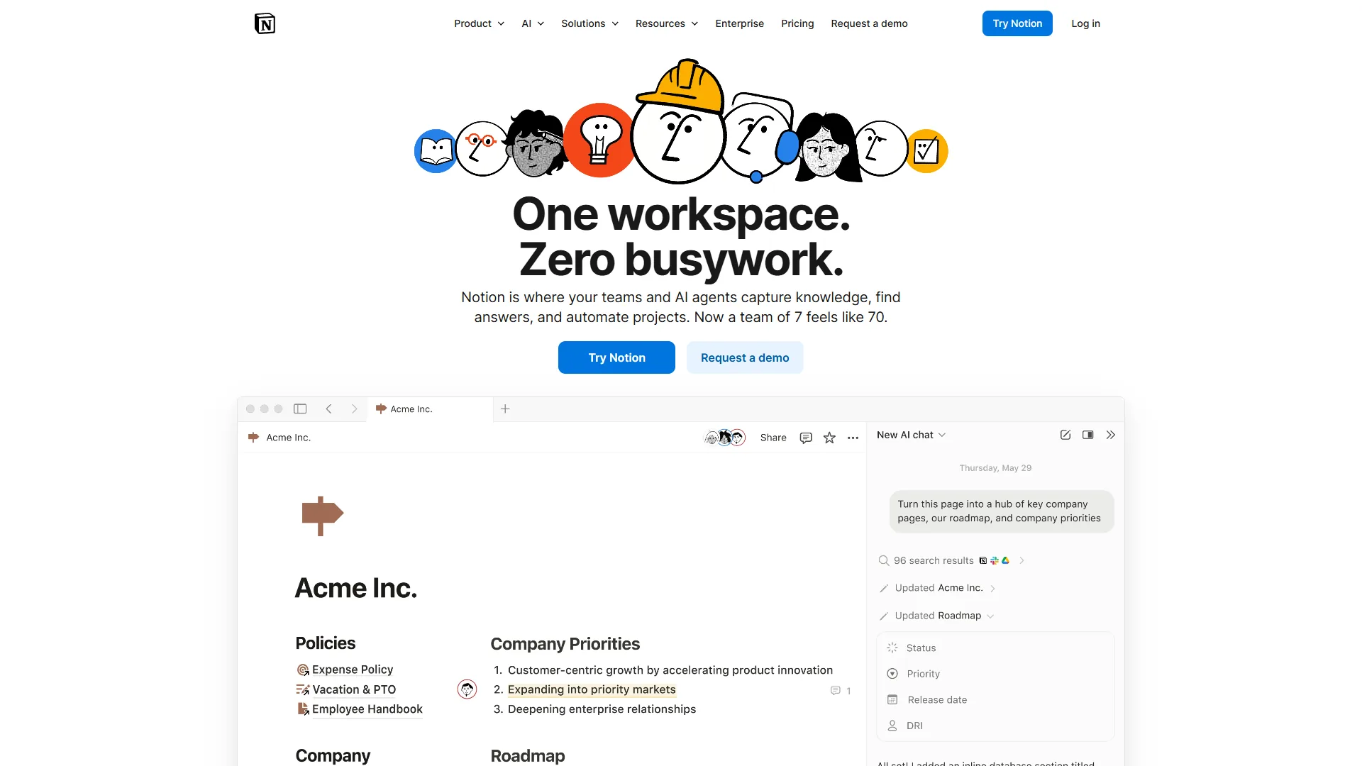 Notion homepage showing AI-powered workspace with database and project management features