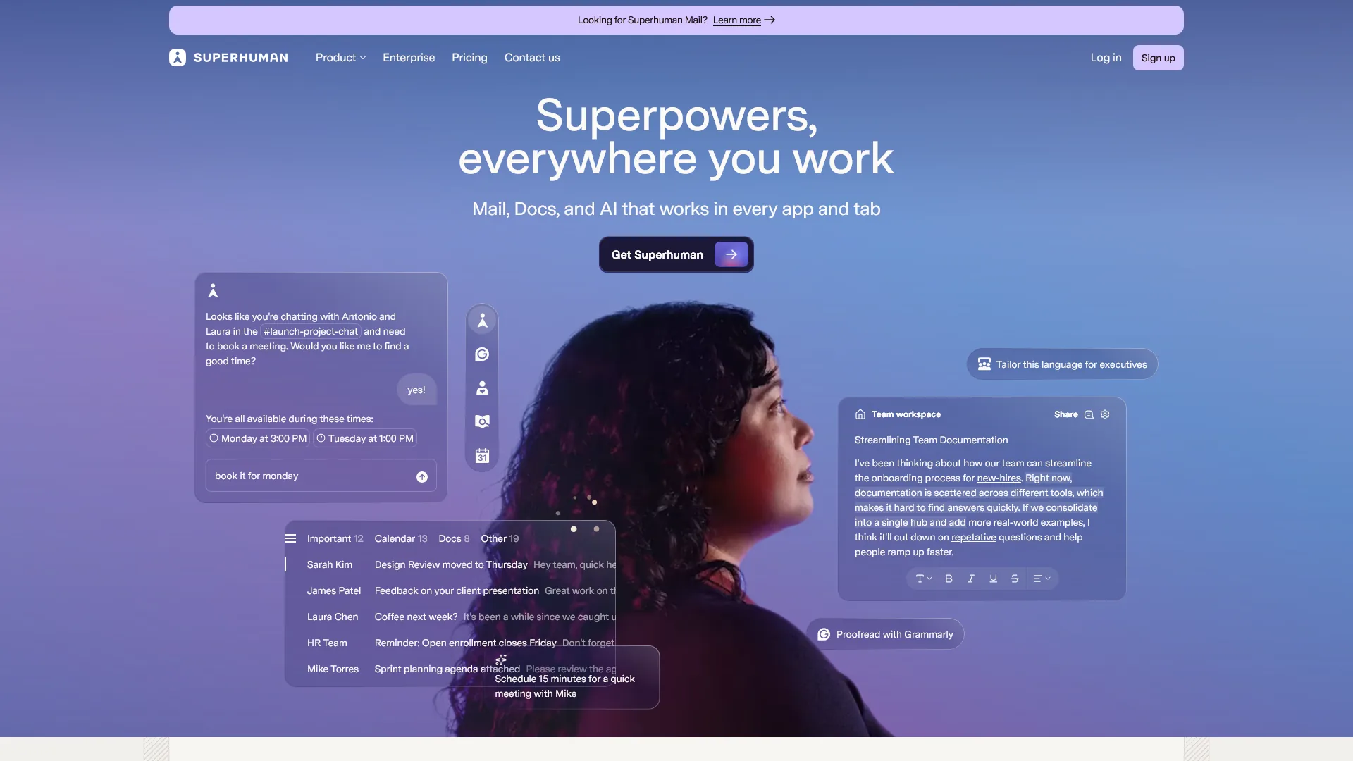 Superhuman homepage showing AI-powered email with smart triage and auto drafts