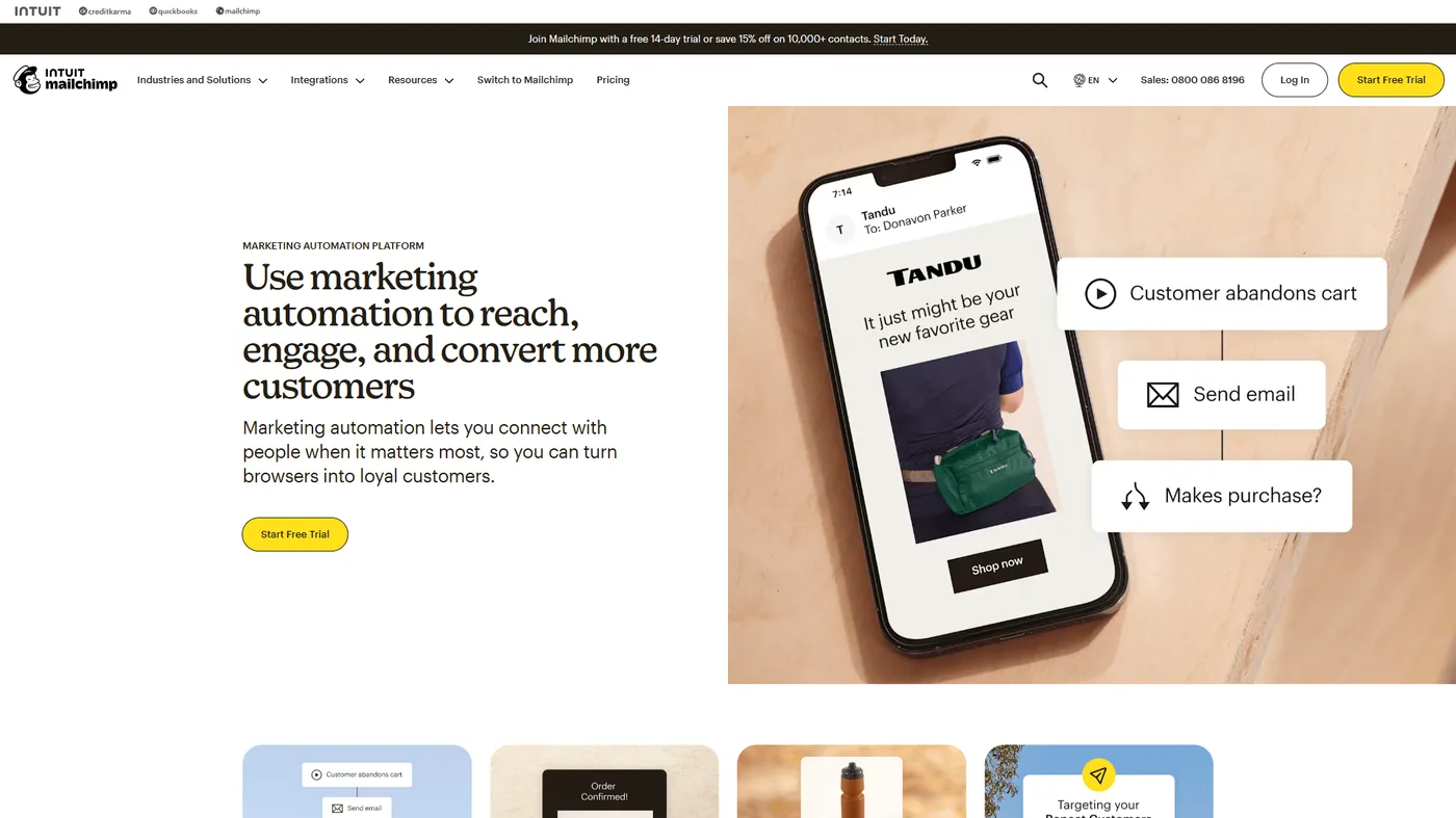 Mailchimp automation features showing email sequence builder with AI