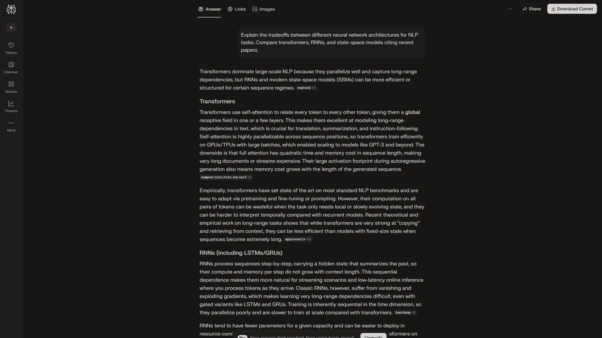 Perplexity search results showing cited sources and detailed explanations for a learning query