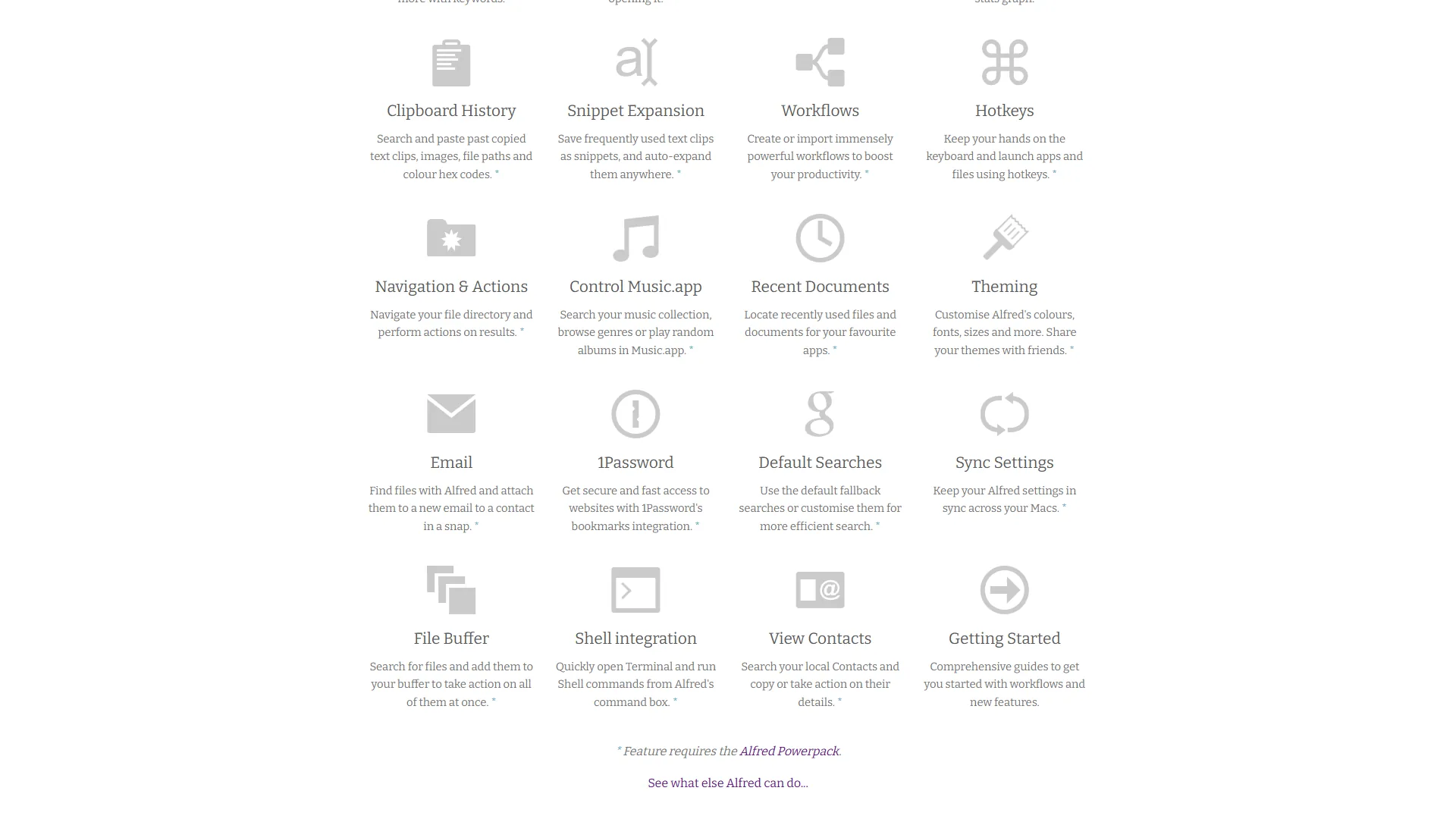 Alfred workflows showing custom automation and file search capabilities