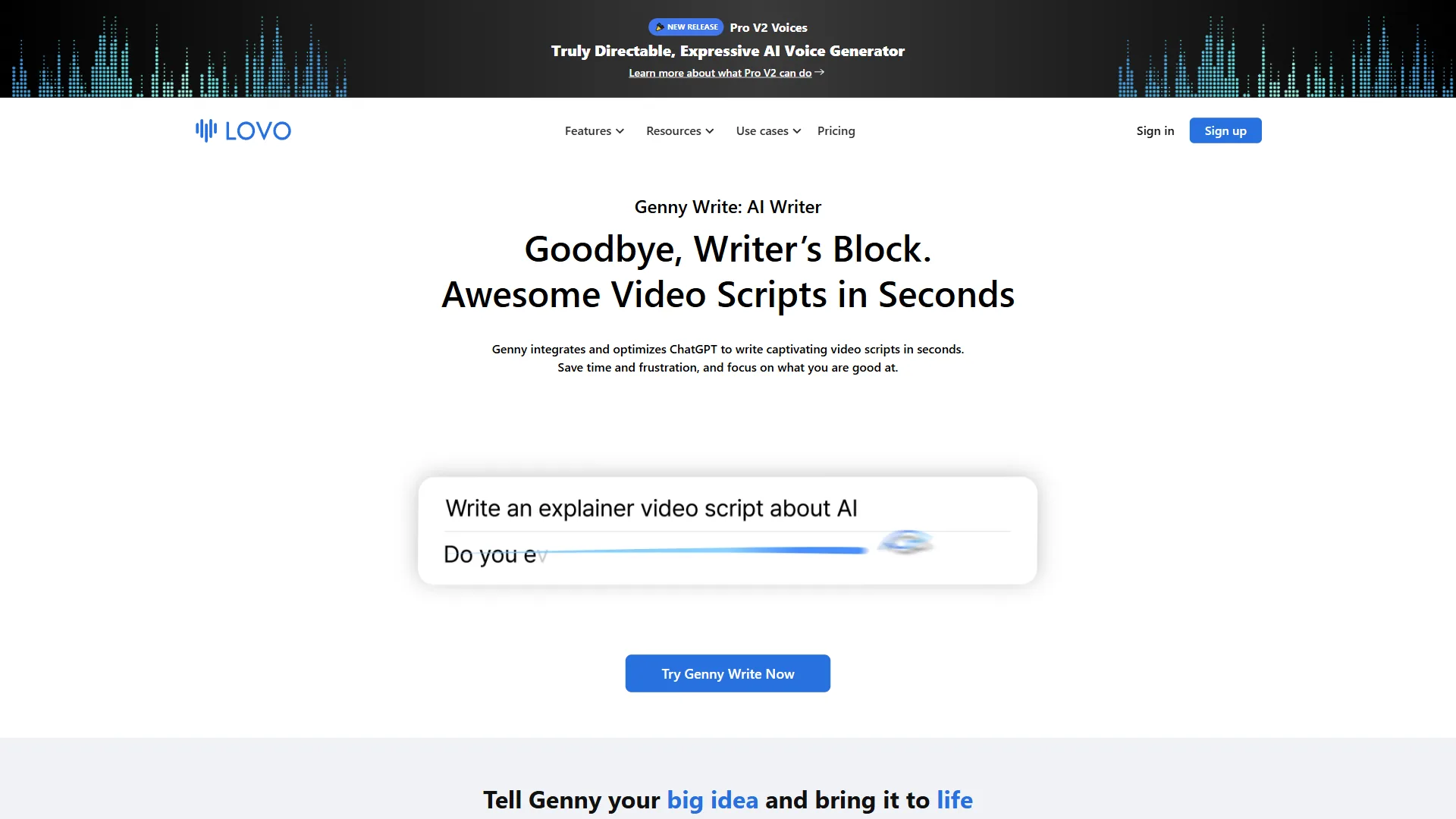 LOVO AI Writer page showing the Genny Write script generation interface powered by ChatGPT