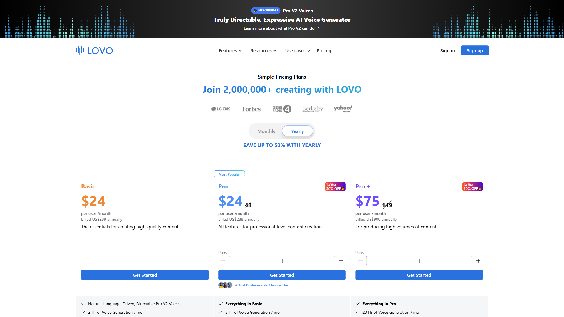 LOVO AI pricing page showing feature comparison table across Free, Basic, Pro, and Pro+ plans