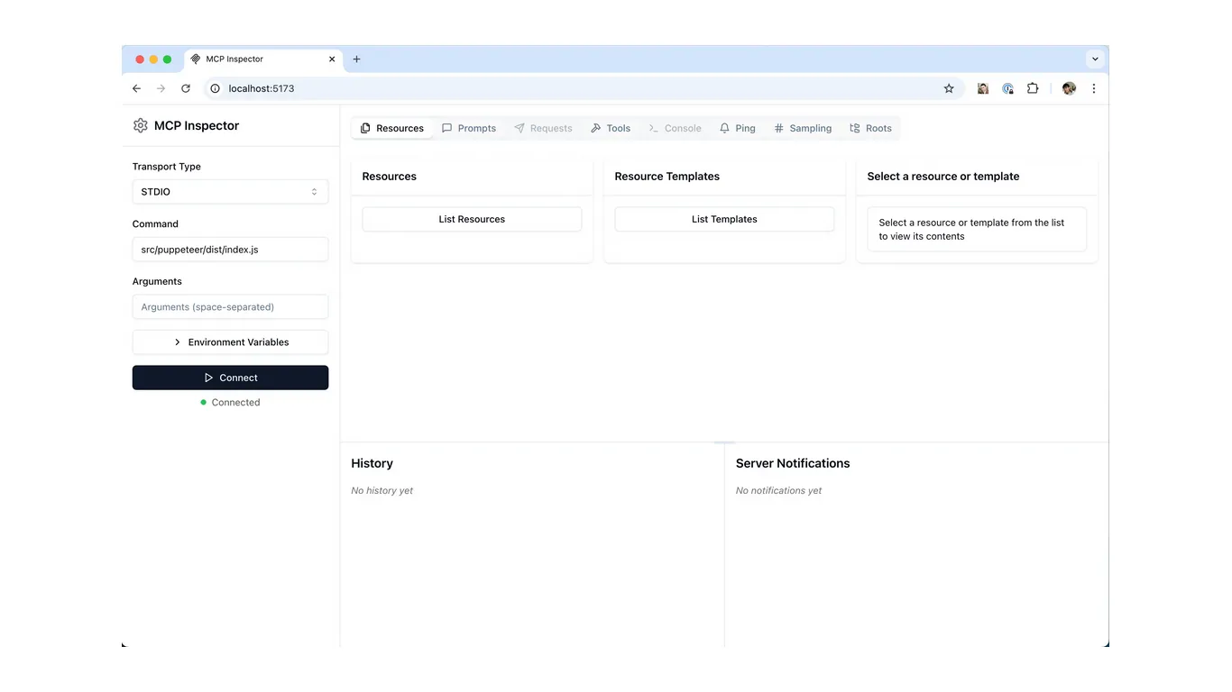 MCP Inspector showing tool testing interface with Resources, Prompts, and Tools tabs