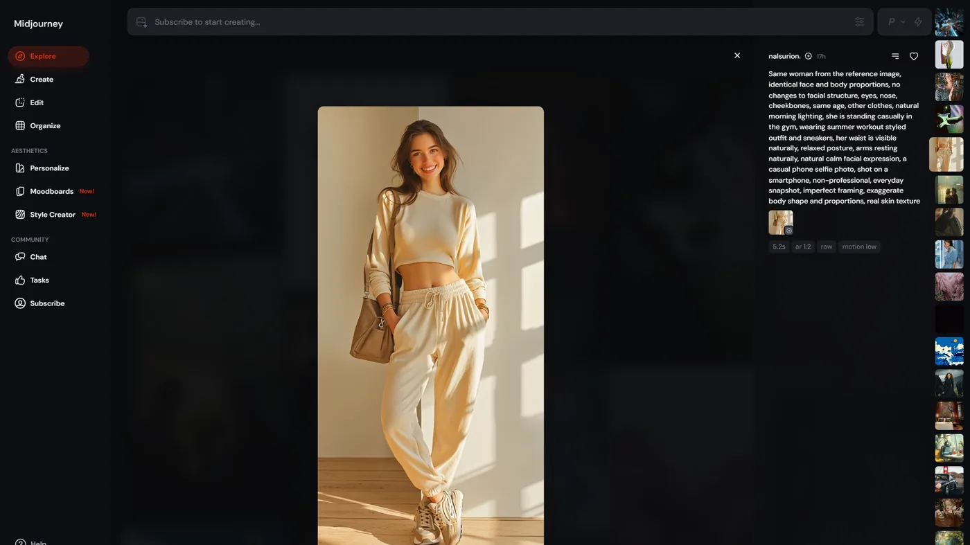 Midjourney explore page showing AI-generated images with different styles and prompt parameters