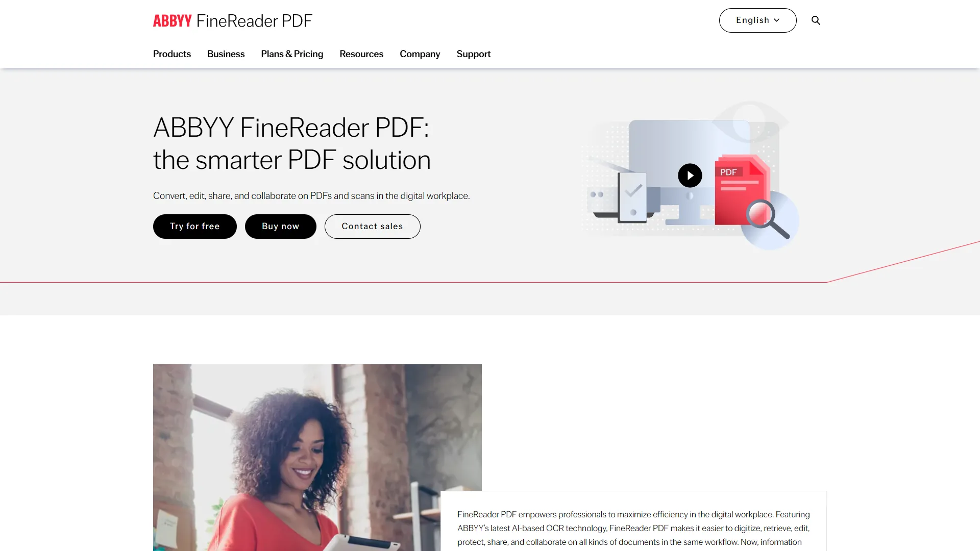 ABBYY FineReader homepage showing multilingual OCR capabilities
