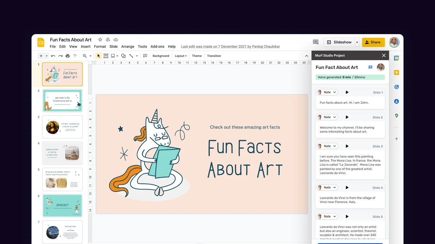 Murf AI Google Slides integration showing audio inserted into a presentation