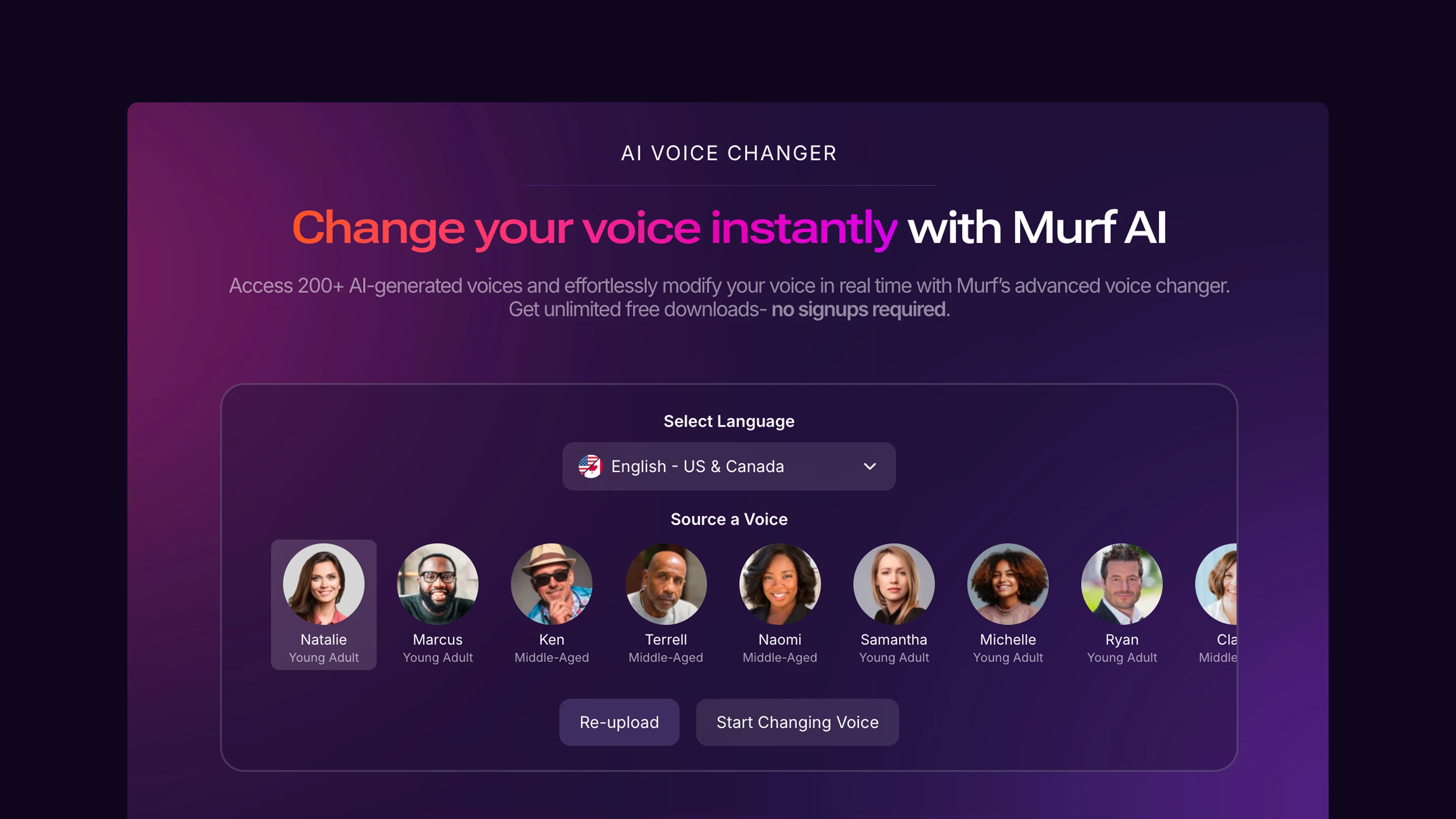 Murf AI Voice Changer interface for converting audio recordings into AI voices
