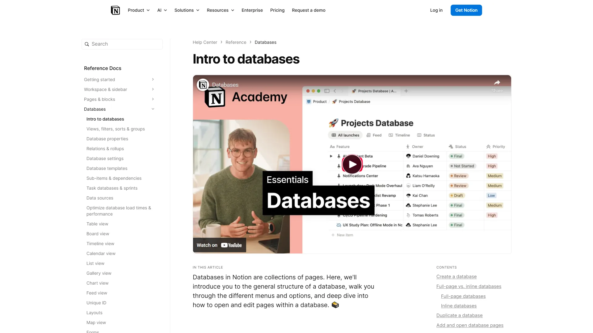 Notion database features showing board views, relations, and rollups