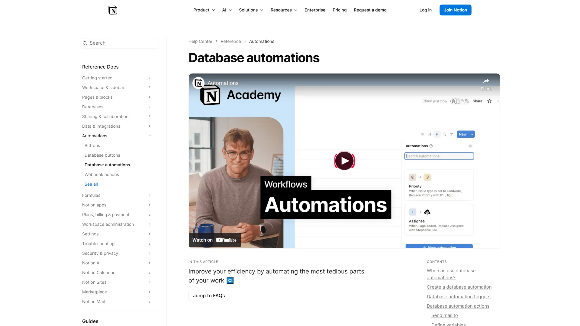 Notion database automations documentation showing triggers and actions