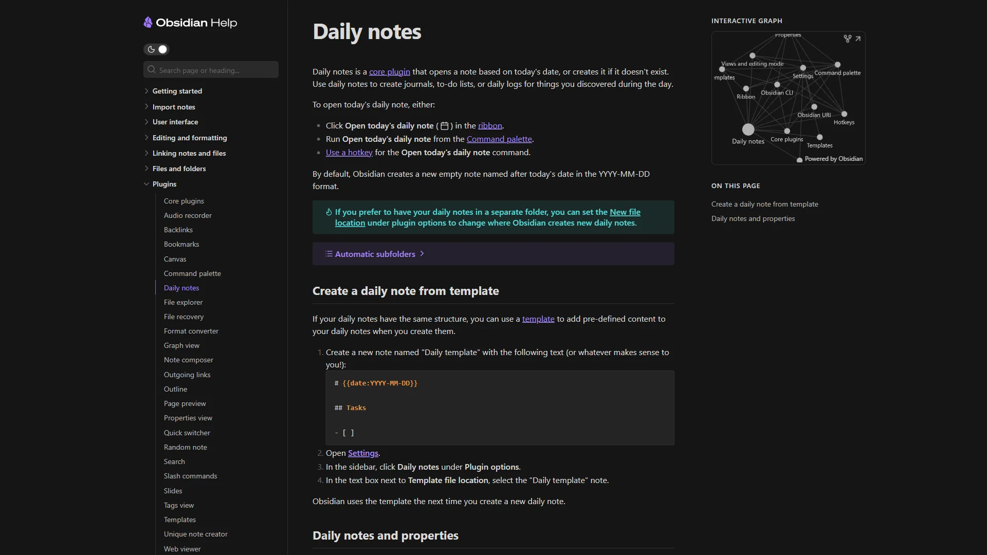 Obsidian Daily Notes plugin documentation showing configuration options