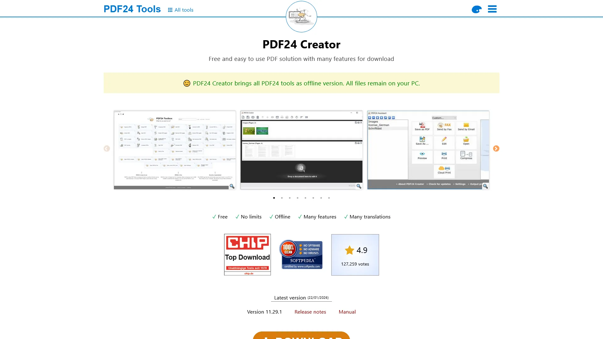 PDF24 Creator download page with desktop app and full tool suite