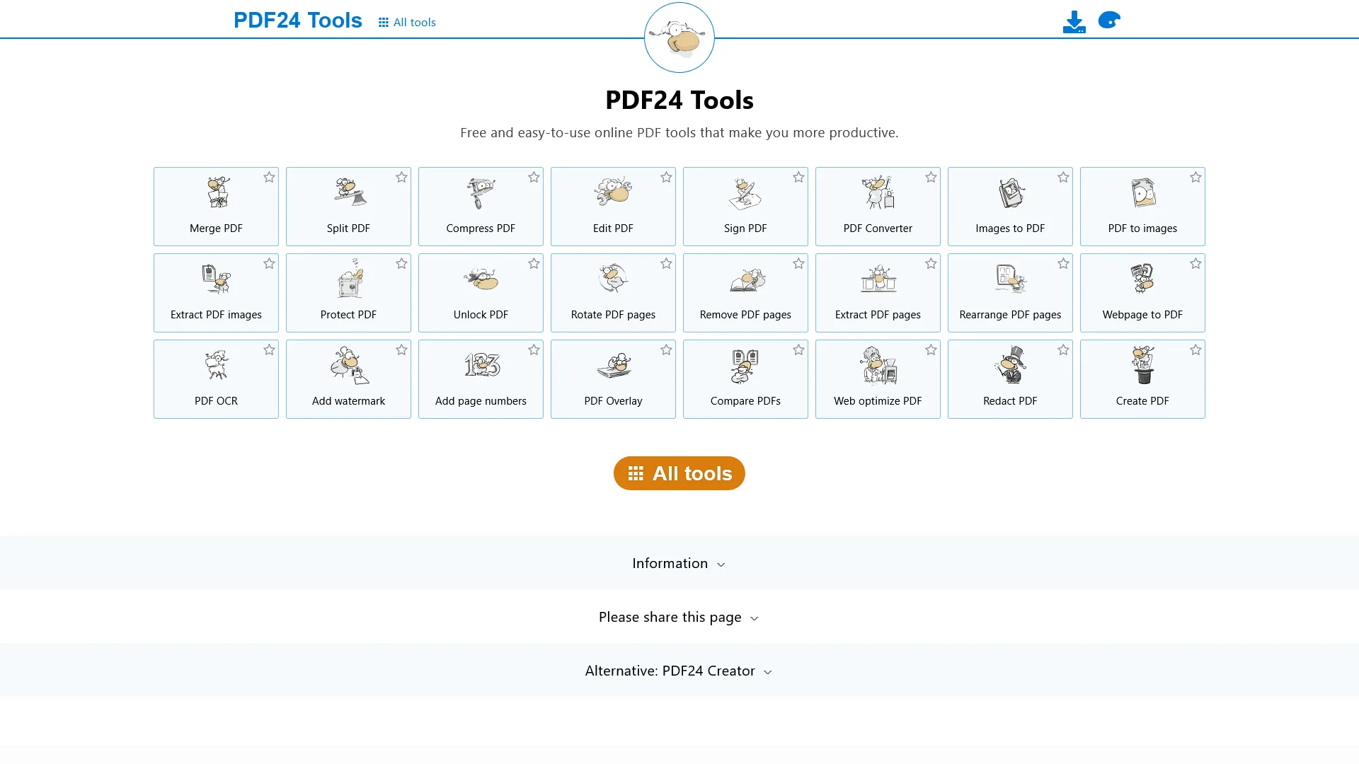 PDF24 Tools gallery showing all available PDF tools including compression