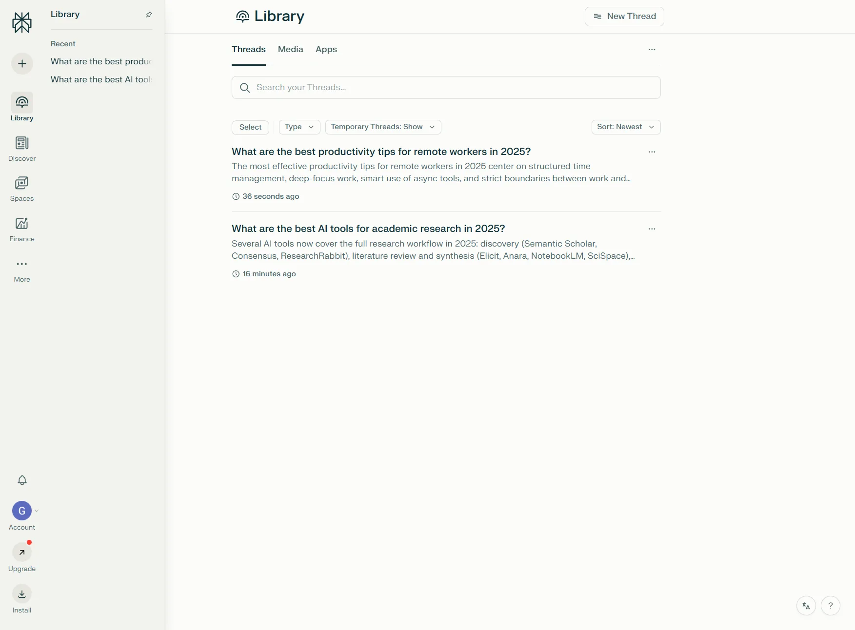 Perplexity Library interface showing Collections and organized threads