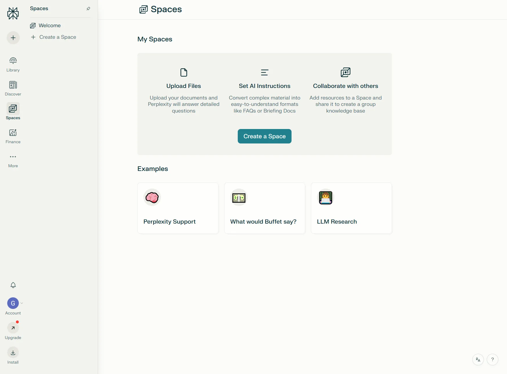 Perplexity Spaces and Collections feature showing organized research workspaces