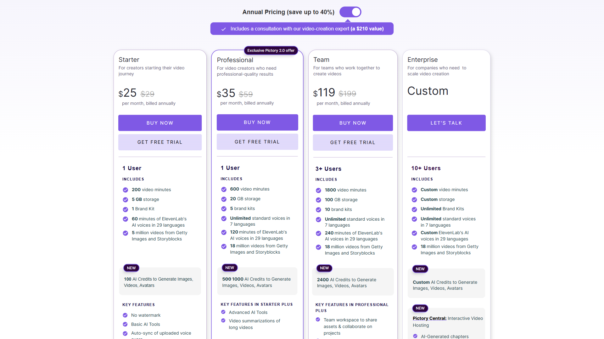 Pictory pricing page showing Starter, Professional, Team, and Enterprise tiers with feature comparison