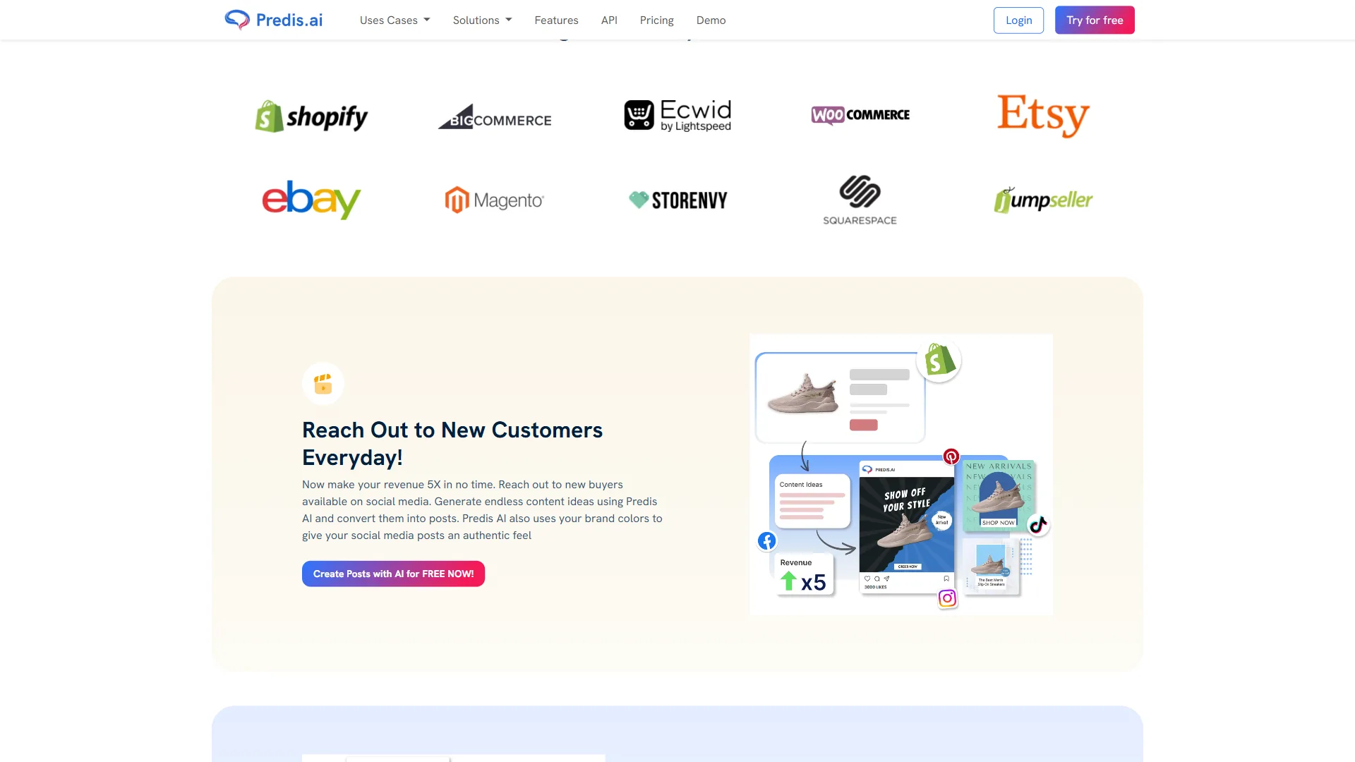 Predis.ai e-commerce integrations with Shopify, BigCommerce, Etsy, WooCommerce, Magento, and other platforms