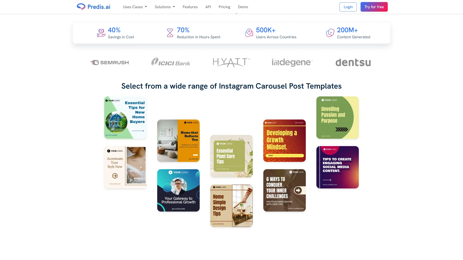 Predis.ai Instagram carousel post template gallery with various design styles for different content topics