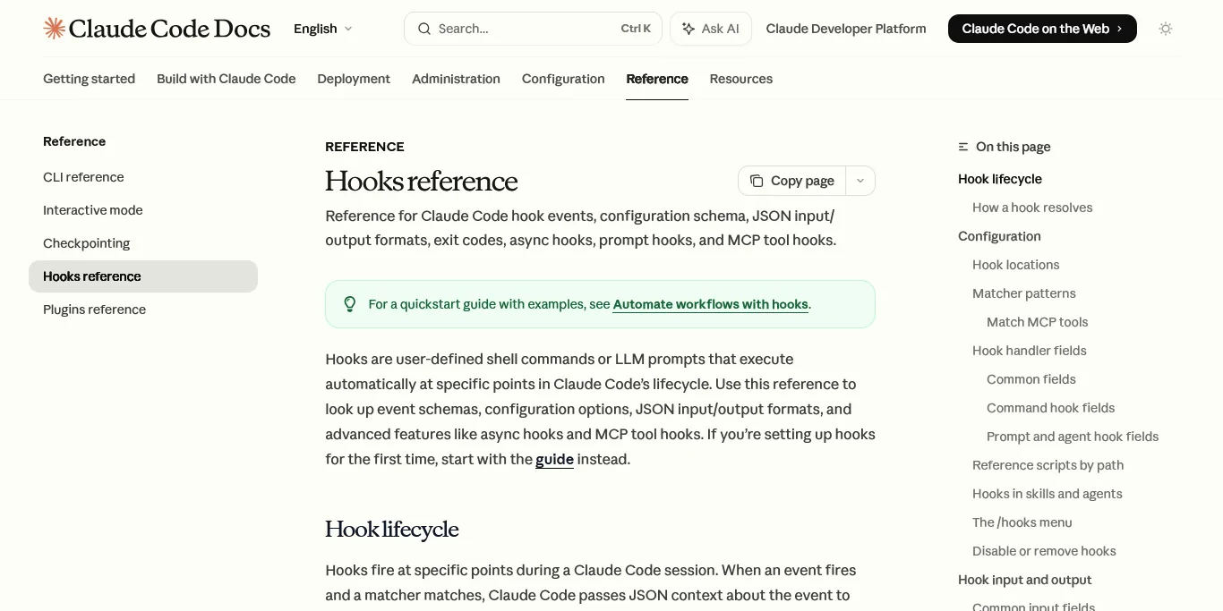 Claude Code hooks reference documentation page
