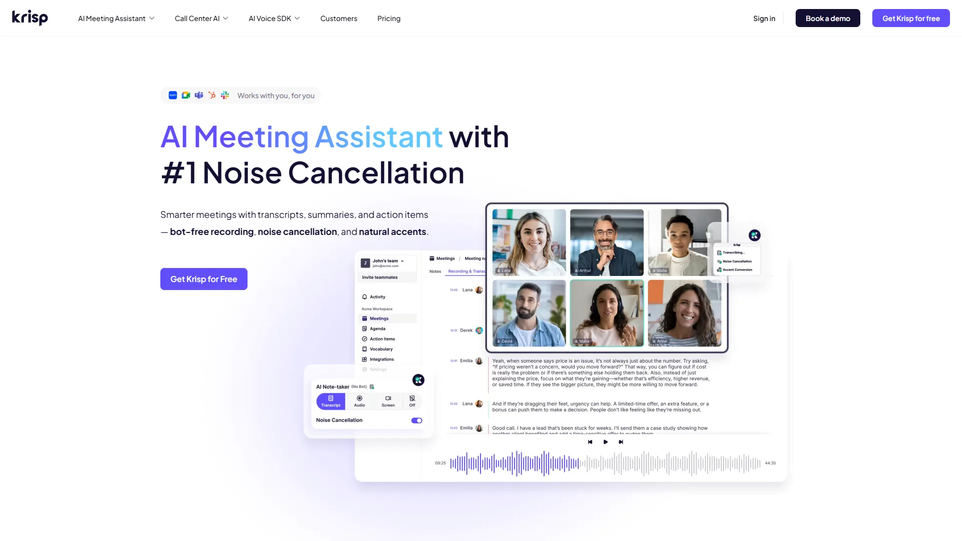 Krisp AI dashboard showing noise cancellation controls