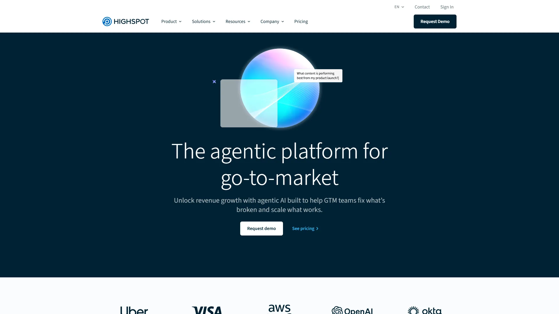 Highspot sales enablement platform homepage showing AI-powered features