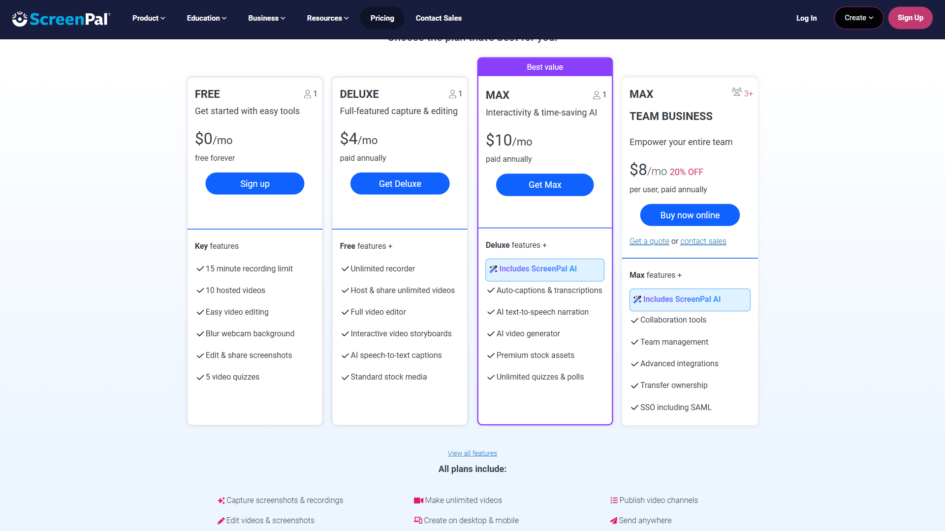 ScreenPal pricing plans showing Free at $0, Deluxe at $4/month, Max at $10/month with ScreenPal AI, and Team Business at $8/month per user