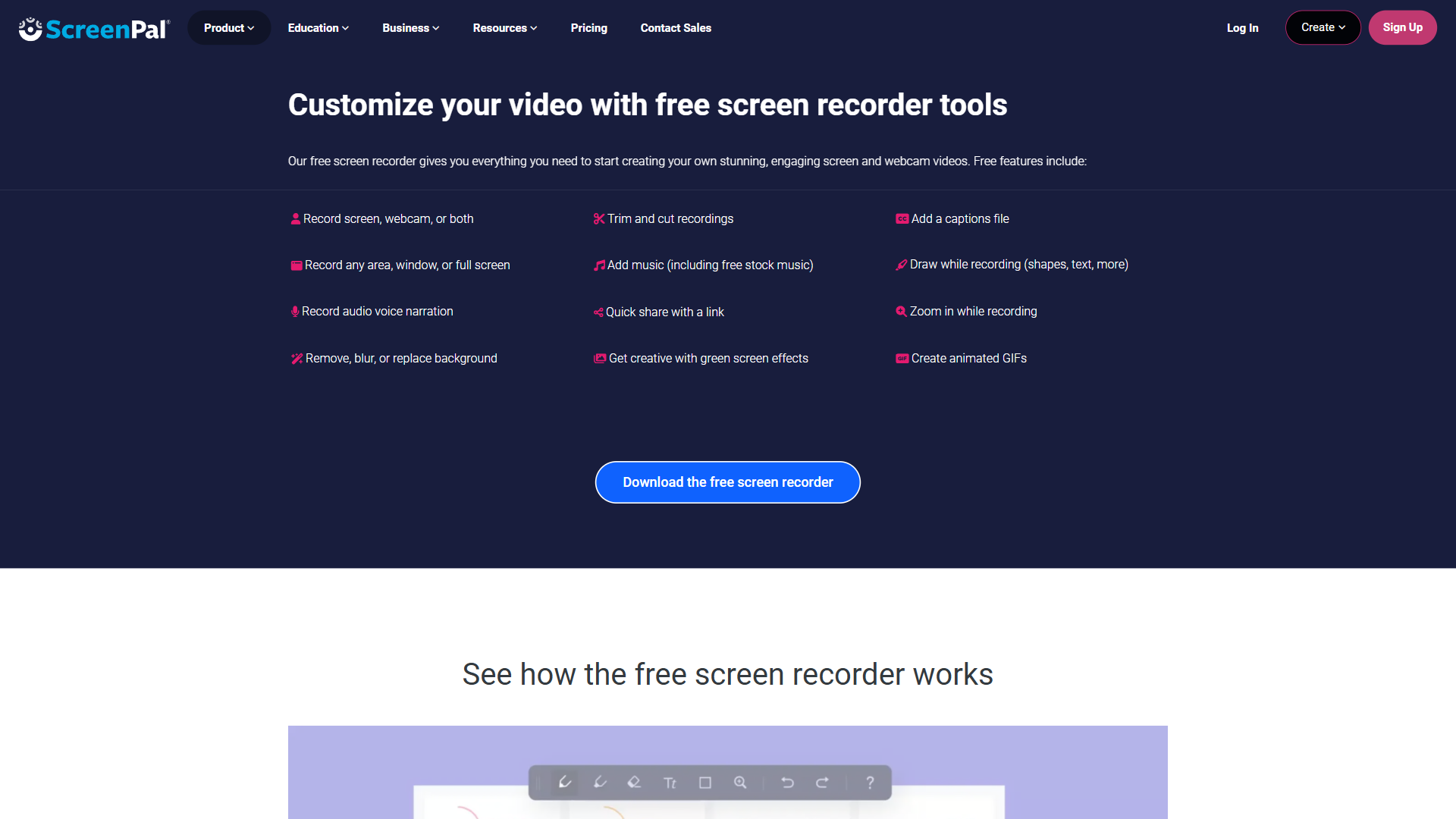 ScreenPal free screen recorder features including trim, captions, music, green screen effects, zoom, draw while recording, and animated GIFs