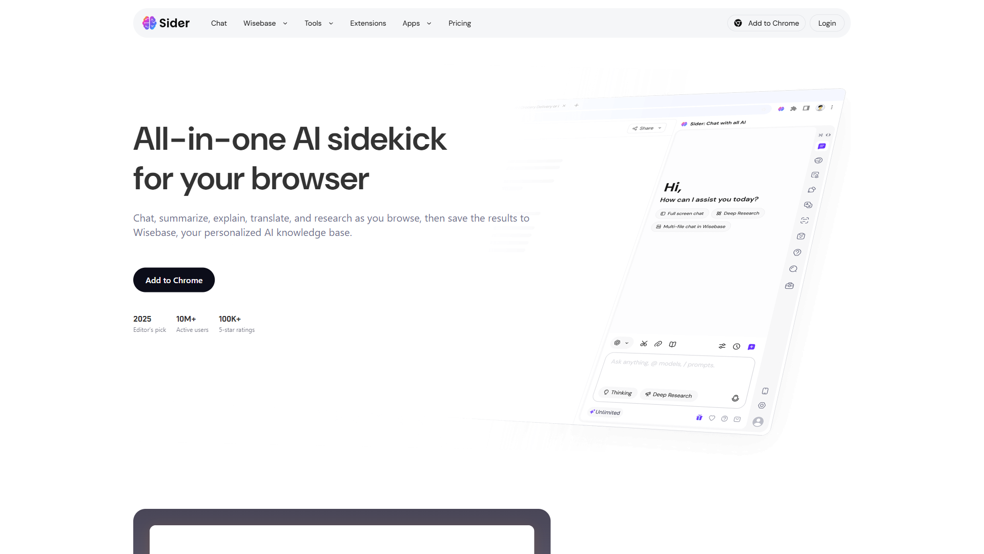 Sider AI homepage showing the all-in-one AI sidekick for your browser with sidebar chat preview