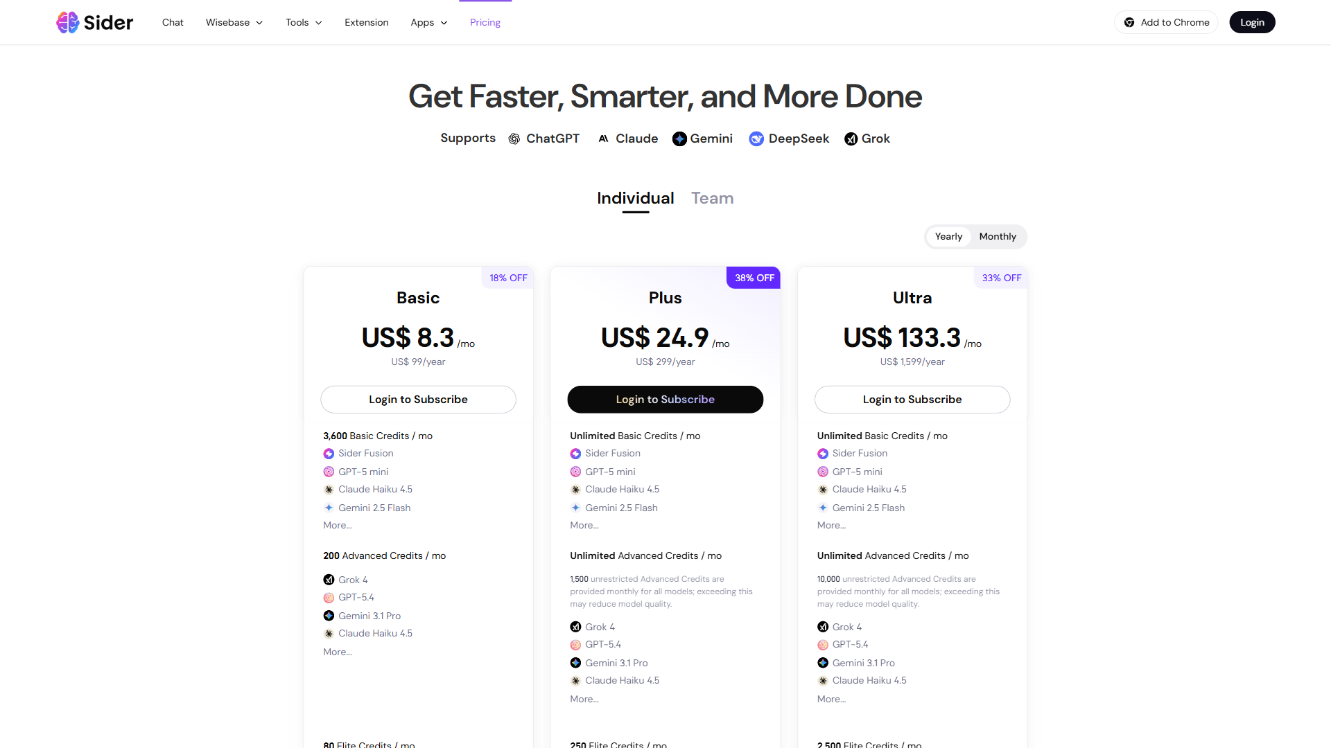 Sider pricing page showing Basic, Plus, and Ultra plans with model access details for ChatGPT, Claude, Gemini, DeepSeek, and Grok