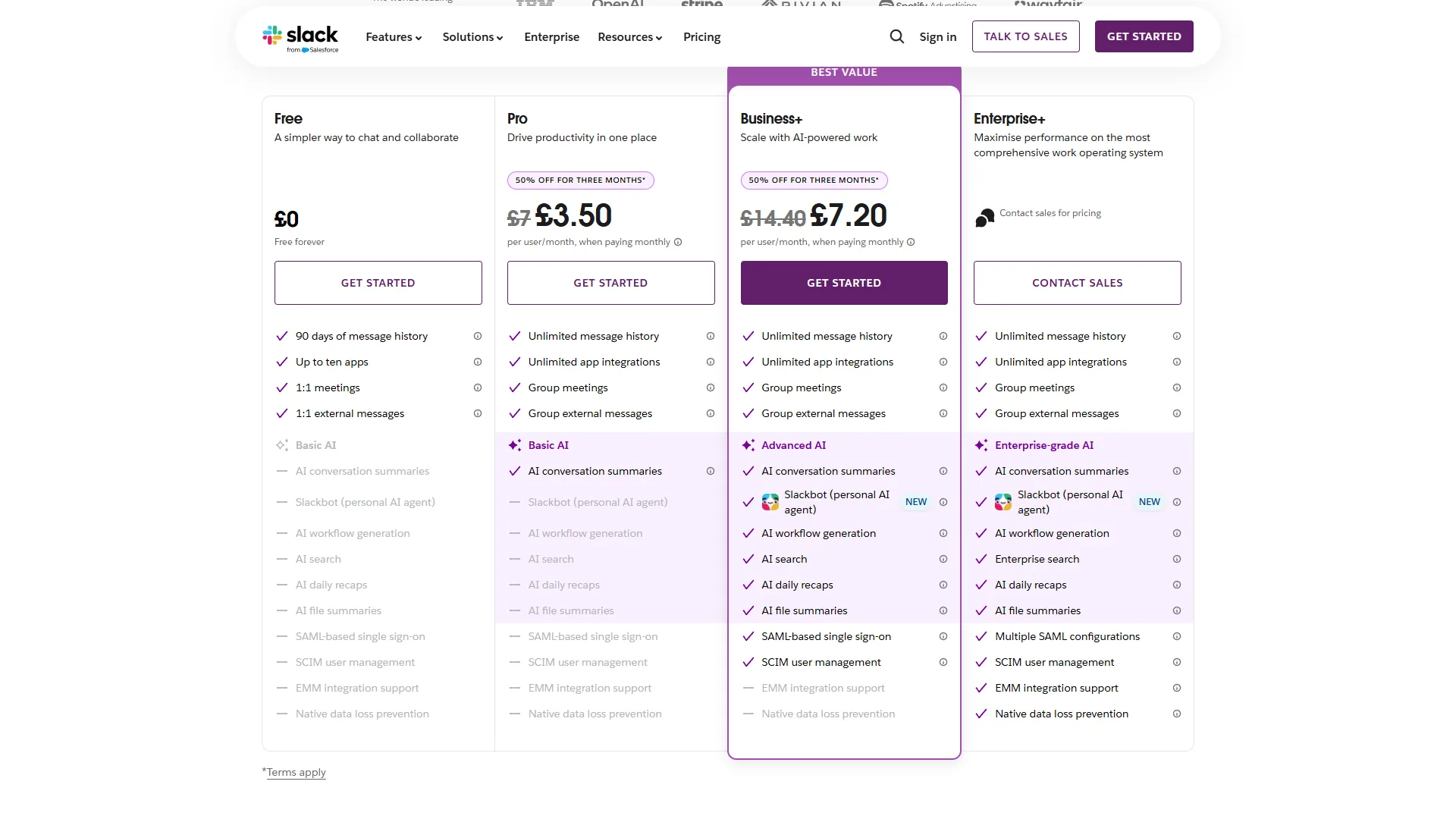 Slack pricing page showing Free, Pro, Business+, and Enterprise Grid plan comparison