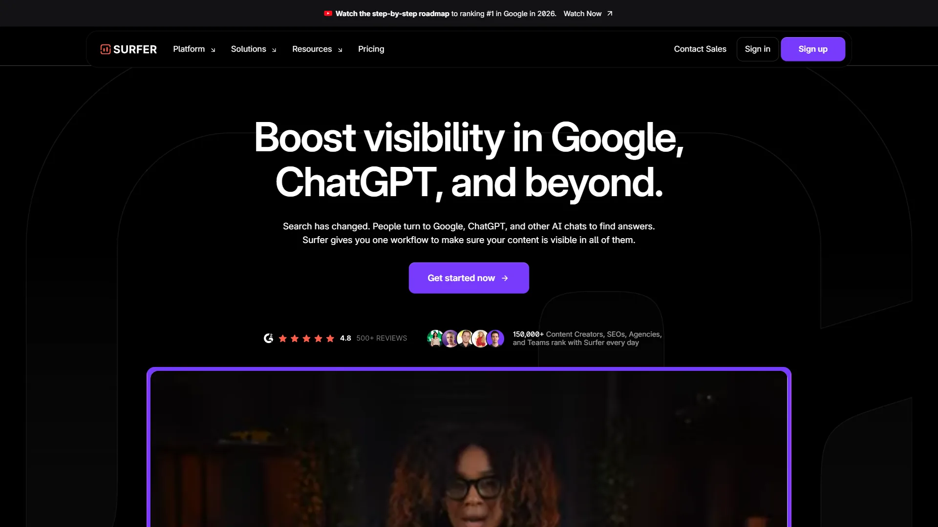 Surfer SEO homepage showing Content Editor and AI features