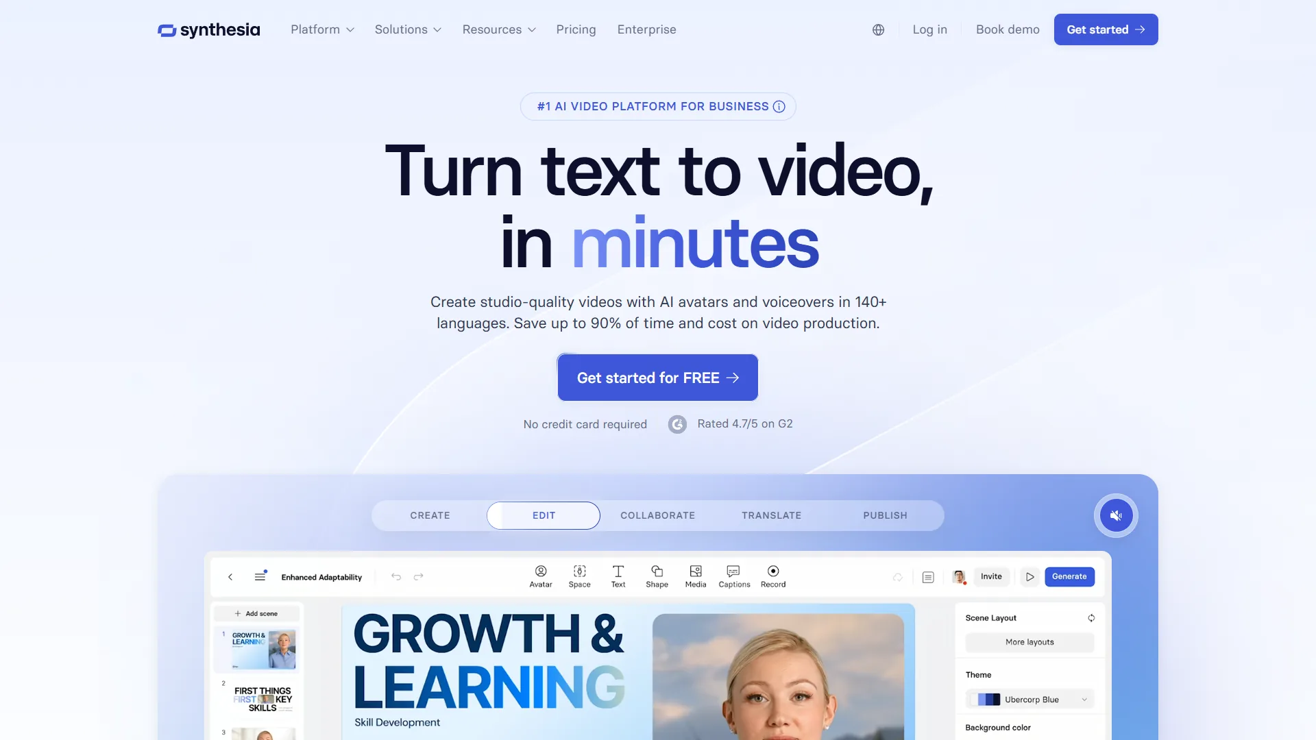 Synthesia homepage showing AI video platform