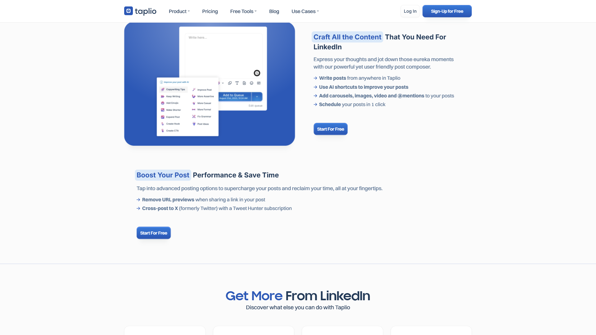 Taplio post composer with AI shortcuts, media options, and one-click scheduling to craft LinkedIn content