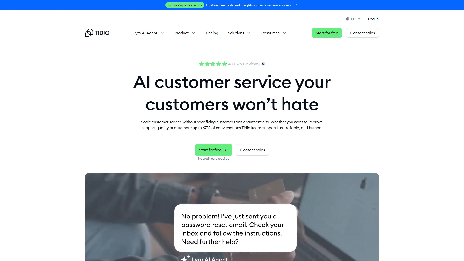 Tidio homepage showing AI customer service platform with Lyro AI agent and live chat features