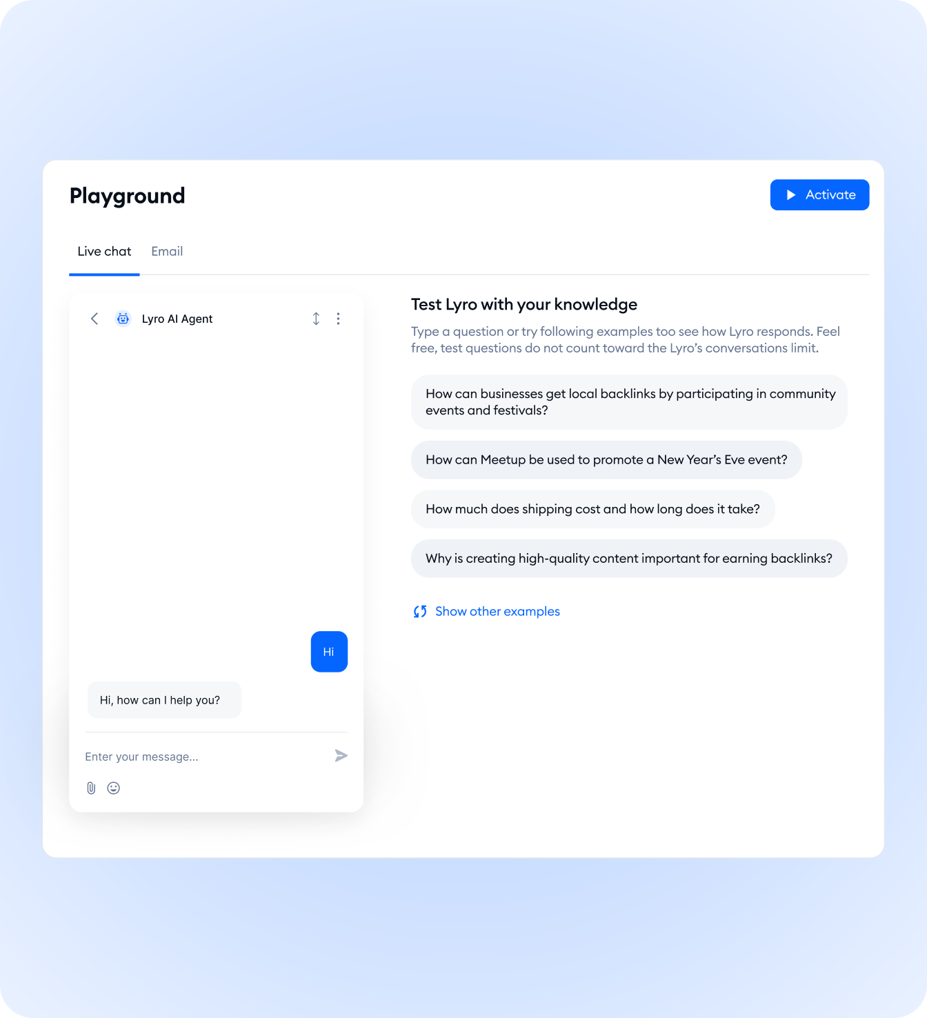 Tidio Lyro AI Playground Testing