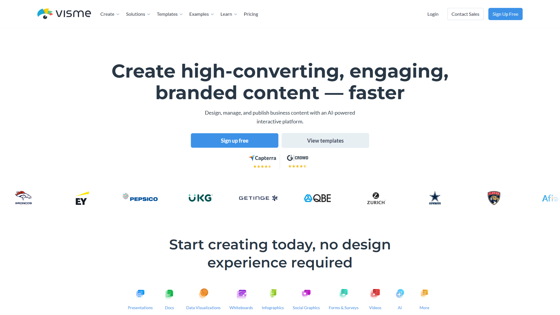 Visme dashboard showing available project types including presentations, infographics, documents, and social media graphics