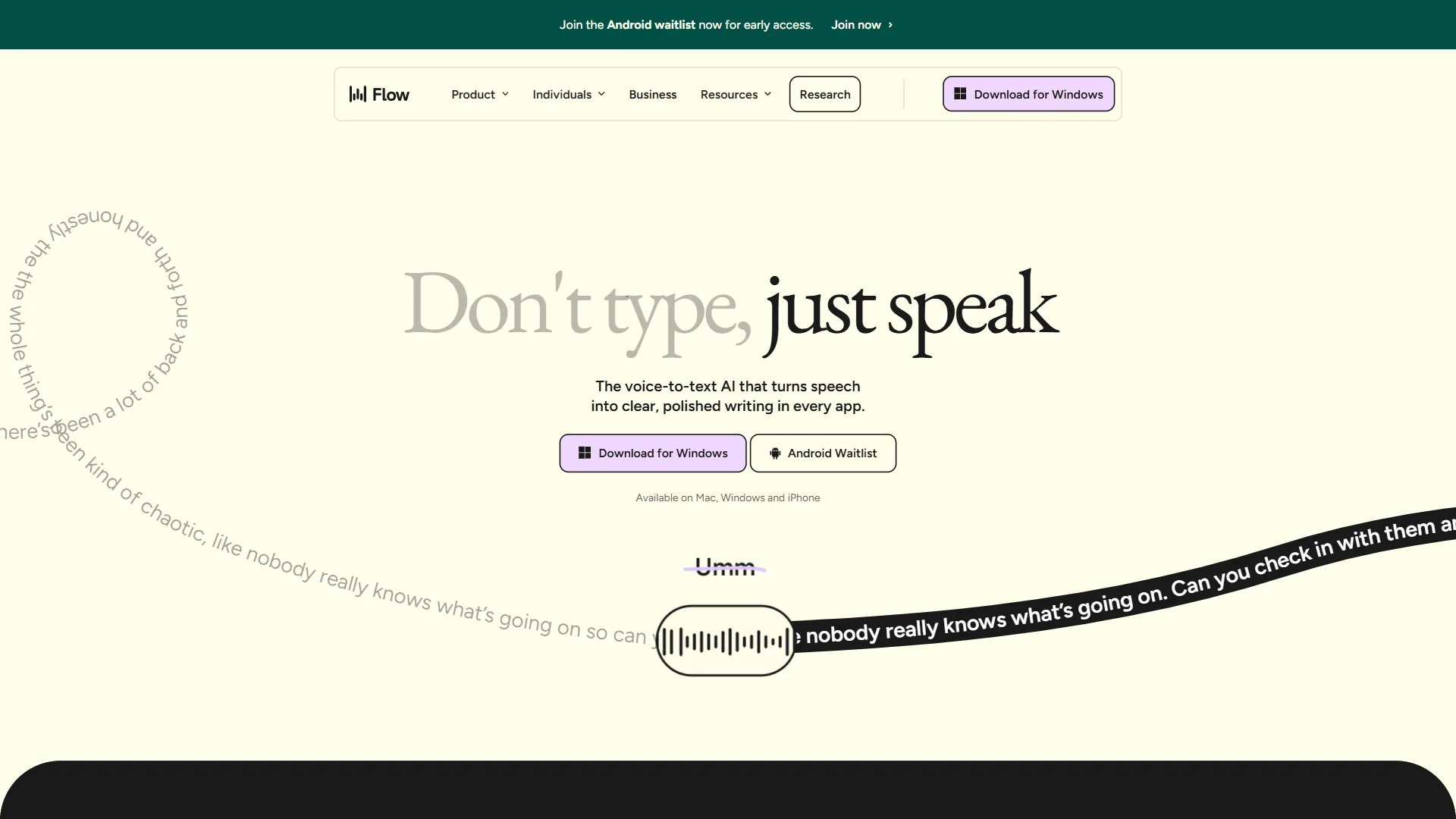 Wispr Flow AI dictation interface with real-time transcription and command mode