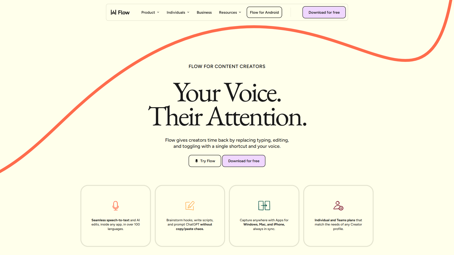 Wispr Flow for Content Creators page with seamless speech-to-text, brainstorming, and cross-platform capture features