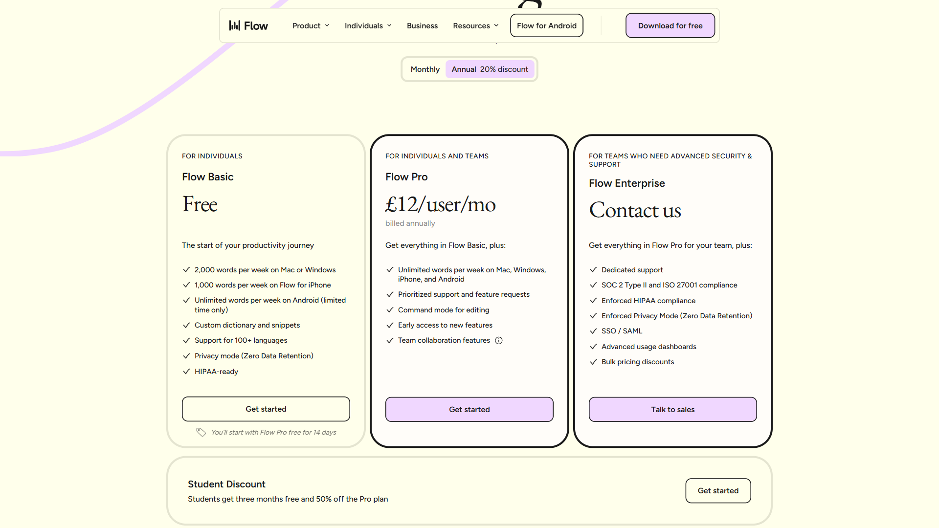 Wispr Flow pricing tiers showing Flow Basic free, Flow Pro at $12 per month with Command Mode, and Enterprise with compliance